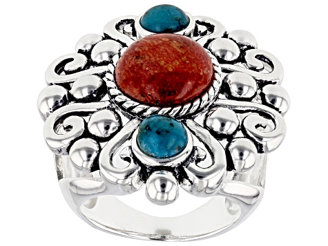 10mm Round Red Sponge Coral And 5mm Turquoise Rhodium Over Brass Ring