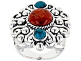 10mm Round Red Sponge Coral And 5mm Turquoise Rhodium Over Brass Ring