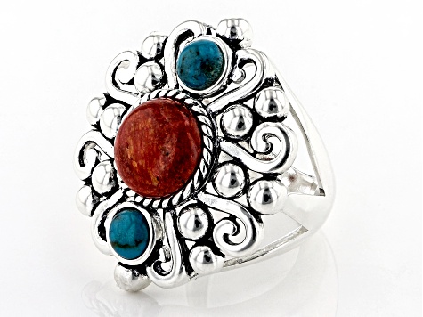 10mm Round Red Sponge Coral And 5mm Turquoise Rhodium Over Brass Ring