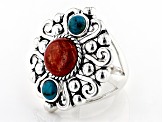 10mm Round Red Sponge Coral And 5mm Turquoise Rhodium Over Brass Ring