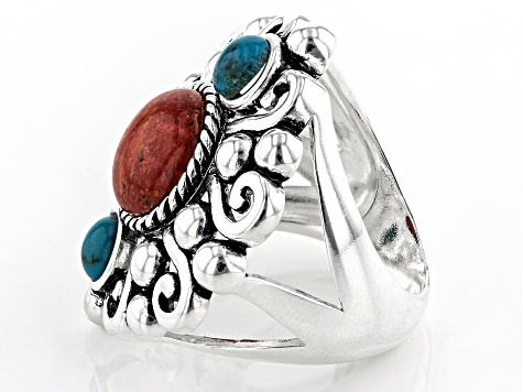 10mm Round Red Sponge Coral And 5mm Turquoise Rhodium Over Brass Ring