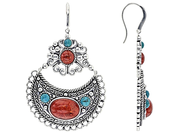 Red Sponge Coral And Turquoise Rhodium Over Brass Earrings