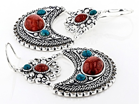 Red Sponge Coral And Turquoise Rhodium Over Brass Earrings