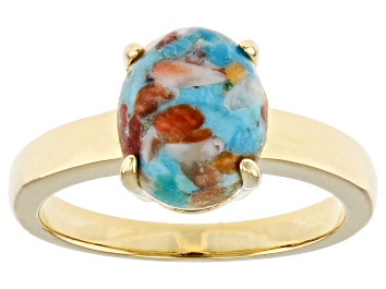 Picture of Blended Turquoise and Orange Spiny Oyster Shell 18k Yellow Gold Over Sterling Silver Ring
