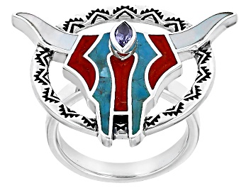 Picture of Mother-of-Pearl, Coral, Turquoise & Amethyst Rhodium Over Silver Bull Ring 0.11ctw