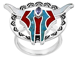 Mother-of-Pearl, Coral, Turquoise & Amethyst Rhodium Over Silver Bull Ring 0.11ctw