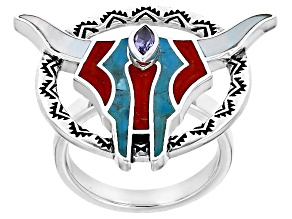 Mother-of-Pearl, Coral, Turquoise & Amethyst Rhodium Over Silver Bull Ring 0.11ctw