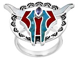 Mother-of-Pearl, Coral, Turquoise & Amethyst Rhodium Over Silver Bull Ring 0.11ctw