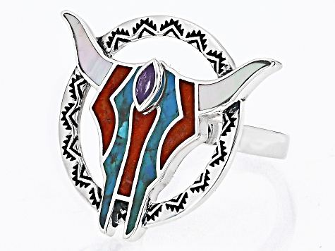 Mother-of-Pearl, Coral, Turquoise & Amethyst Rhodium Over Silver Bull Ring 0.11ctw