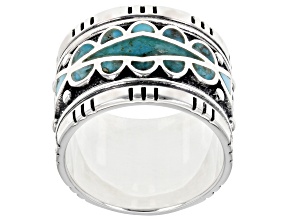 Blue Turquoise Inlay Rhodium Over Sterling Silver Band Ring