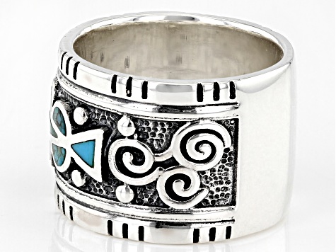 Blue Turquoise Inlay Rhodium Over Sterling Silver Band Ring