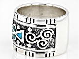 Blue Turquoise Inlay Rhodium Over Sterling Silver Band Ring