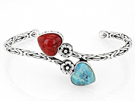 Blue Turquoise and Coral Rhodium Over Sterling Silver 2-Stone Bypass Bracelet