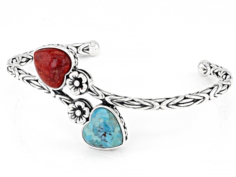 Blue Turquoise and Coral Rhodium Over Sterling Silver 2-Stone Bypass Bracelet