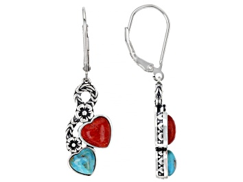 Picture of Blue Turquoise and Coral Rhodium Over Sterling Silver 2-Stone Earrings