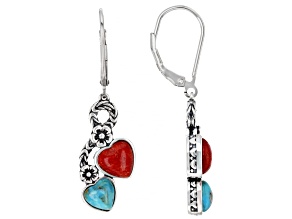 Blue Turquoise and Coral Rhodium Over Sterling Silver 2-Stone Earrings