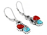 Blue Turquoise and Coral Rhodium Over Sterling Silver 2-Stone Earrings