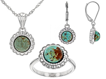 Picture of Green Kingman Turquoise Rhodium Over Silver Ring, Pendant, & Earring Box Set