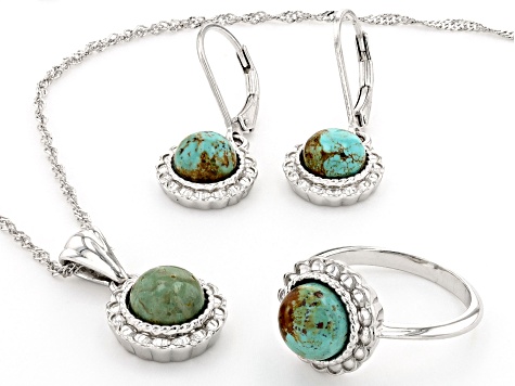 Green Kingman Turquoise Rhodium Over Silver Ring, Pendant, & Earring Box Set