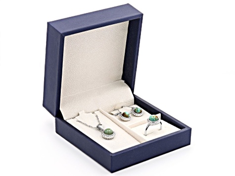 Green Kingman Turquoise Rhodium Over Silver Ring, Pendant, & Earring Box Set