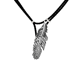 Leather Rhodium Over Sterling Silver Feather Bolo Necklace
