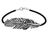 Leather Rhodium Over Sterling Silver Feather Bolo Bracelet