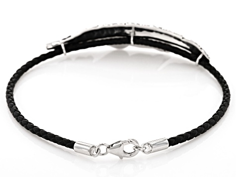 Leather Rhodium Over Sterling Silver Feather Bolo Bracelet