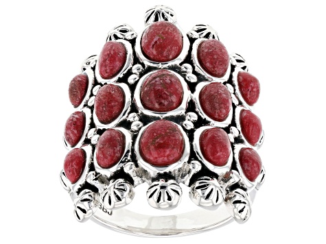 Red Sponge Coral Multi-Row Rhodium Over Sterling Silver Ring