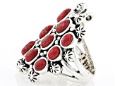 Red Sponge Coral Multi-Row Rhodium Over Sterling Silver Ring