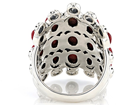 Red Sponge Coral Multi-Row Rhodium Over Sterling Silver Ring