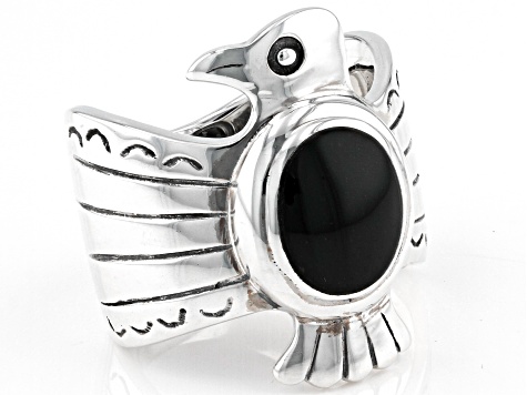 Black Onyx Rhodium Over Sterling Silver Thunderbird Ring