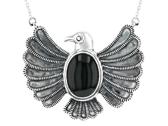 Black Onyx Rhodium Over Sterling Silver Thunderbird Necklace