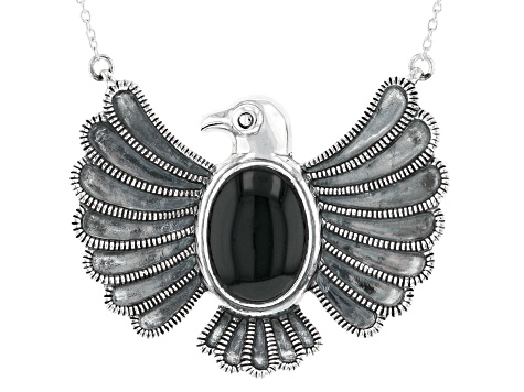 Black Onyx Rhodium Over Sterling Silver Thunderbird Necklace