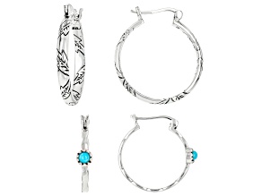 Sleeping Beauty Turquoise Rhodium Over Sterling Silver Hoop Earrings Set of Two