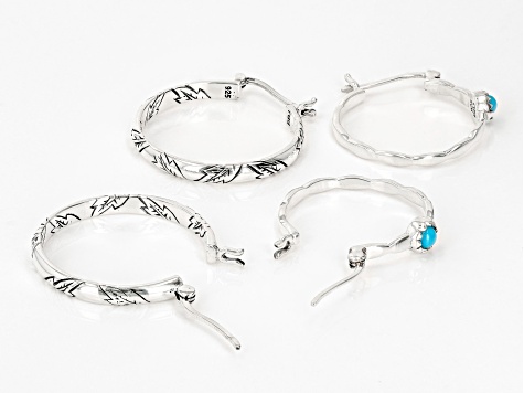 Sleeping Beauty Turquoise Rhodium Over Sterling Silver Hoop Earrings Set of Two