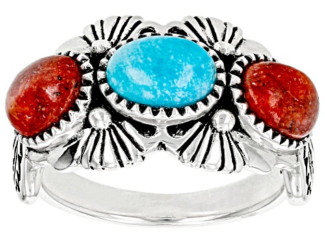 Red Oval Sponge Coral and Blue Oval Turquoise Sterling Silver Ring