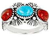 Red Oval Sponge Coral and Blue Oval Turquoise Sterling Silver Ring