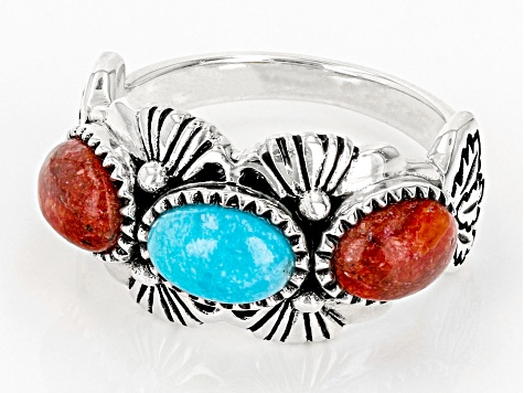 Red Oval Sponge Coral and Blue Oval Turquoise Sterling Silver Ring