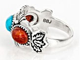 Red Oval Sponge Coral and Blue Oval Turquoise Sterling Silver Ring