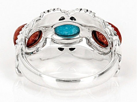 Red Oval Sponge Coral and Blue Oval Turquoise Sterling Silver Ring