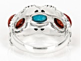 Red Oval Sponge Coral and Blue Oval Turquoise Sterling Silver Ring
