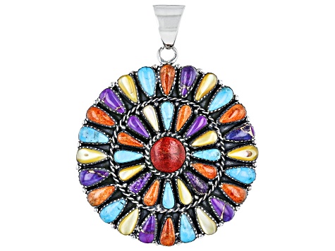 Multi-Color Turquoise, Mother-Of-Pearl & Bamboo Coral Silver Pendant
