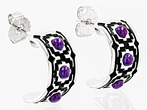 Round Purple Turquoise and Black Enamel Sterling Silver Hoop Earrings
