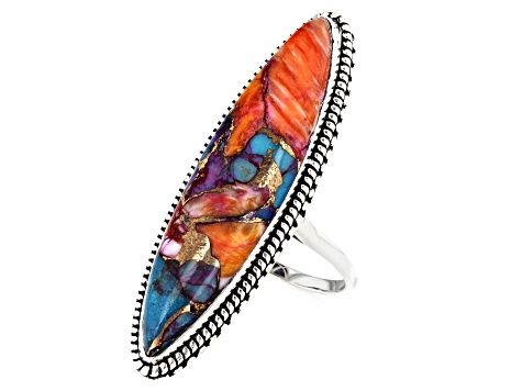 Purple Marquise Spiny Oyster Shell and Turquoise Sterling Silver Ring