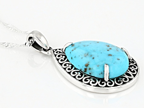 18x13mm Pear Blue Kingman Turquoise Sterling Silver Pendant with Chain