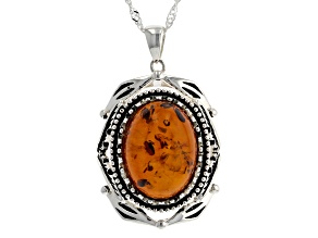 Oval Amber Sterling Silver Enhancer with 18" Chain