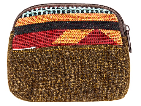 Red Tribal Pattern and Brown Fabric Zipper Wallet