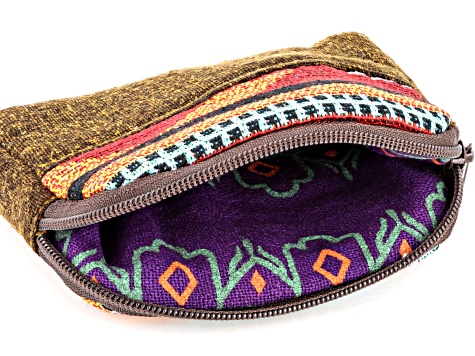 Red Tribal Pattern and Brown Fabric Zipper Wallet