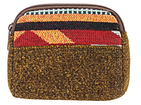 Red Tribal Pattern and Brown Fabric Zipper Wallet