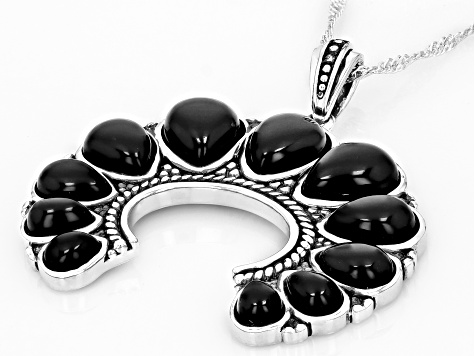 9x7mm Pear Shaped Black Onyx Sterling Silver Squash Blossom Pendant with Chain